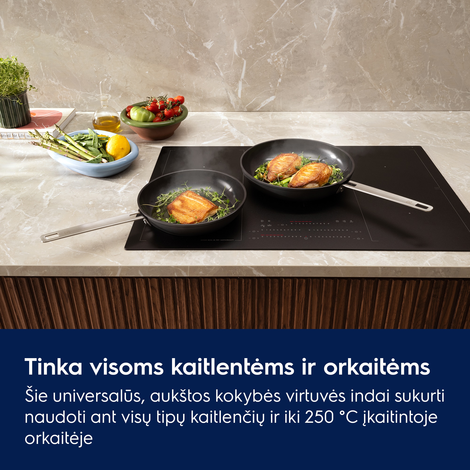 Tinka visoms kaitlentėms ir orkaitėms Šie universalūs, aukštos kokybės virtuvės indai sukurti naudoti ant visų tipų kaitlenčių ir iki 250 °C įkaitintoje orkaitėje