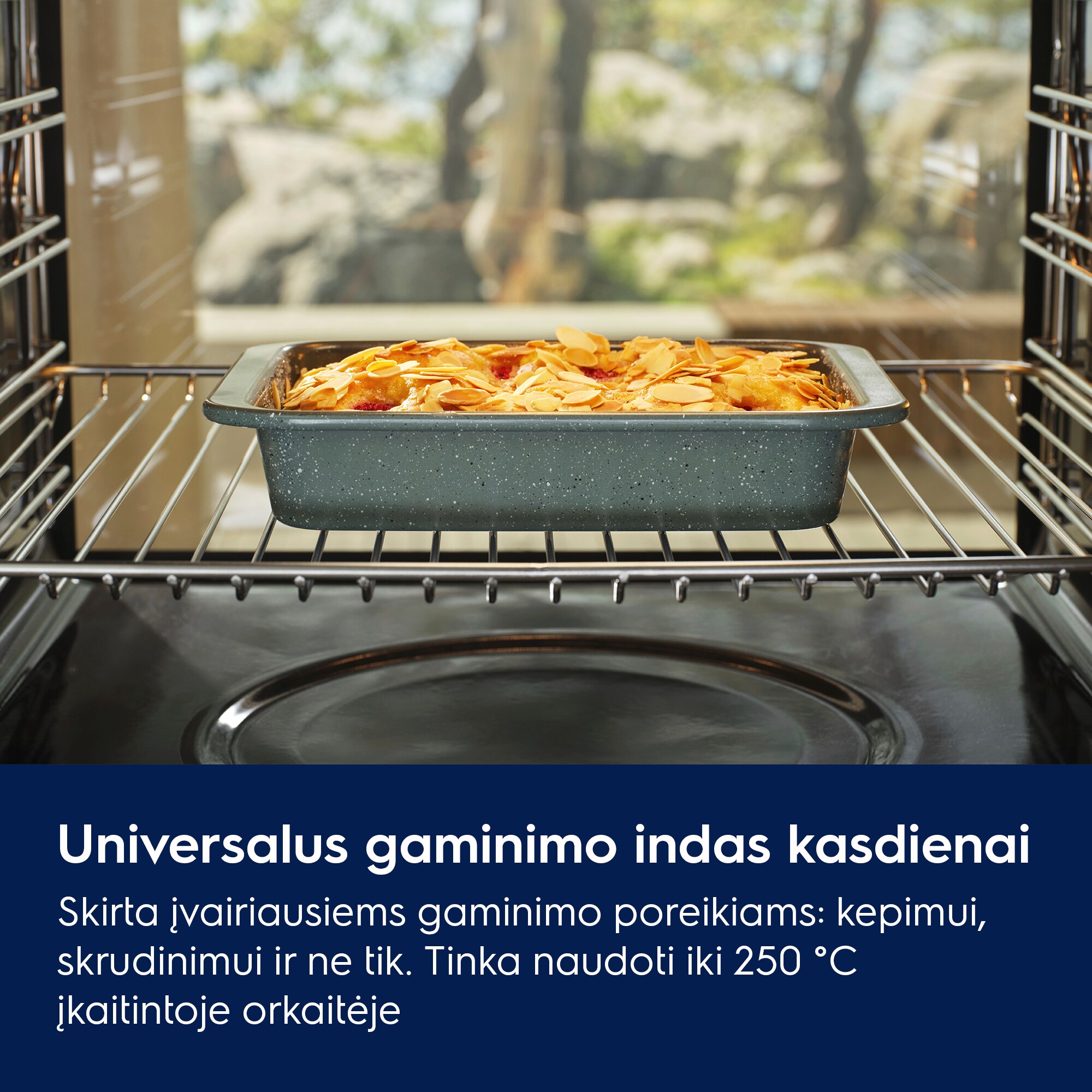 Universalus gaminimo indas kasdienai Skirta įvairiausiems gaminimo poreikiams: kepimui, skrudinimui ir ne tik. Tinka naudoti iki 250 °C įkaitintoje orkaitėje