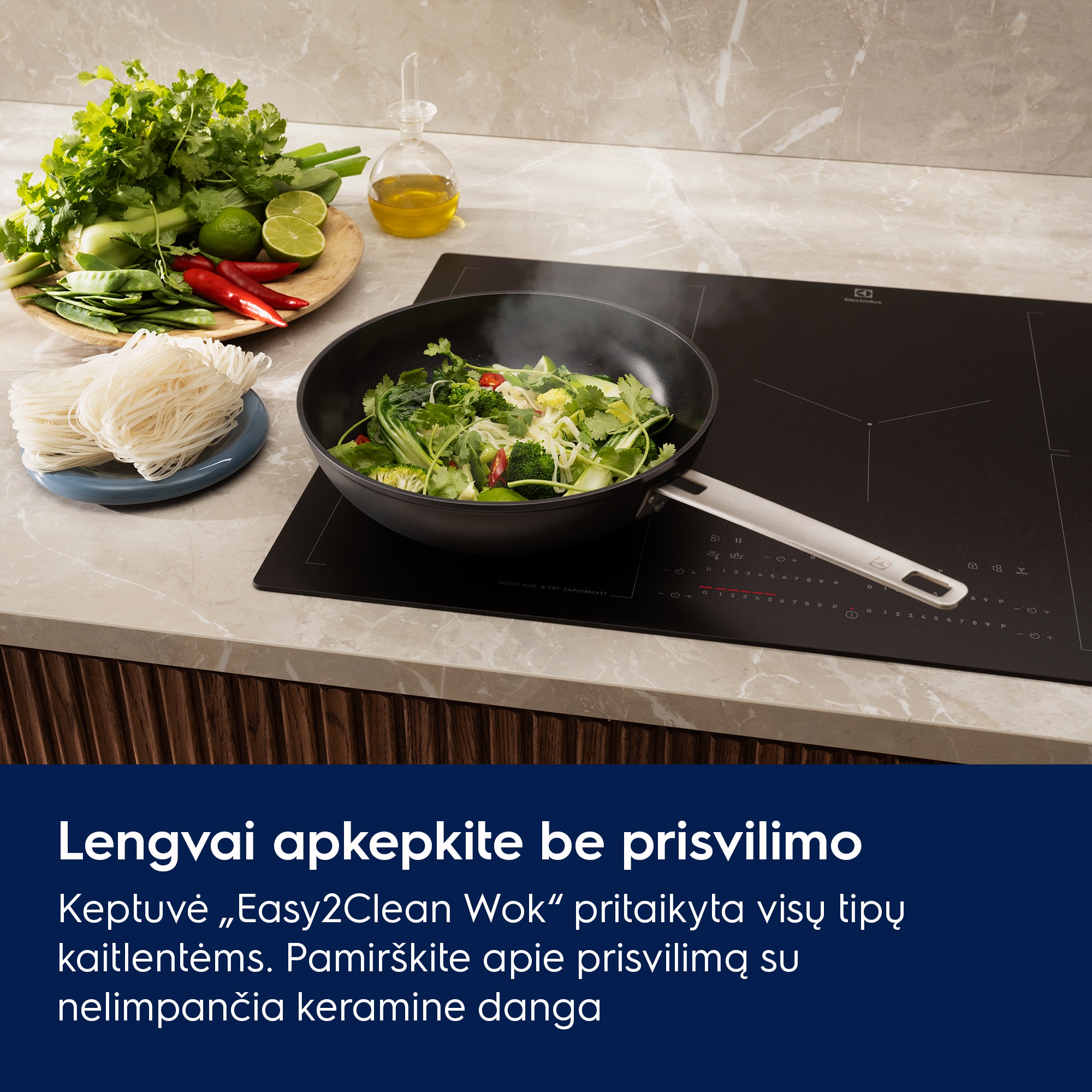 Lengvai apkepkite be prisvilimo Keptuvė „Easy2Clean Wok“ pritaikyta visų tipų kaitlentėms. Pamirškite apie prisvilimą su nelimpančia keramine danga
