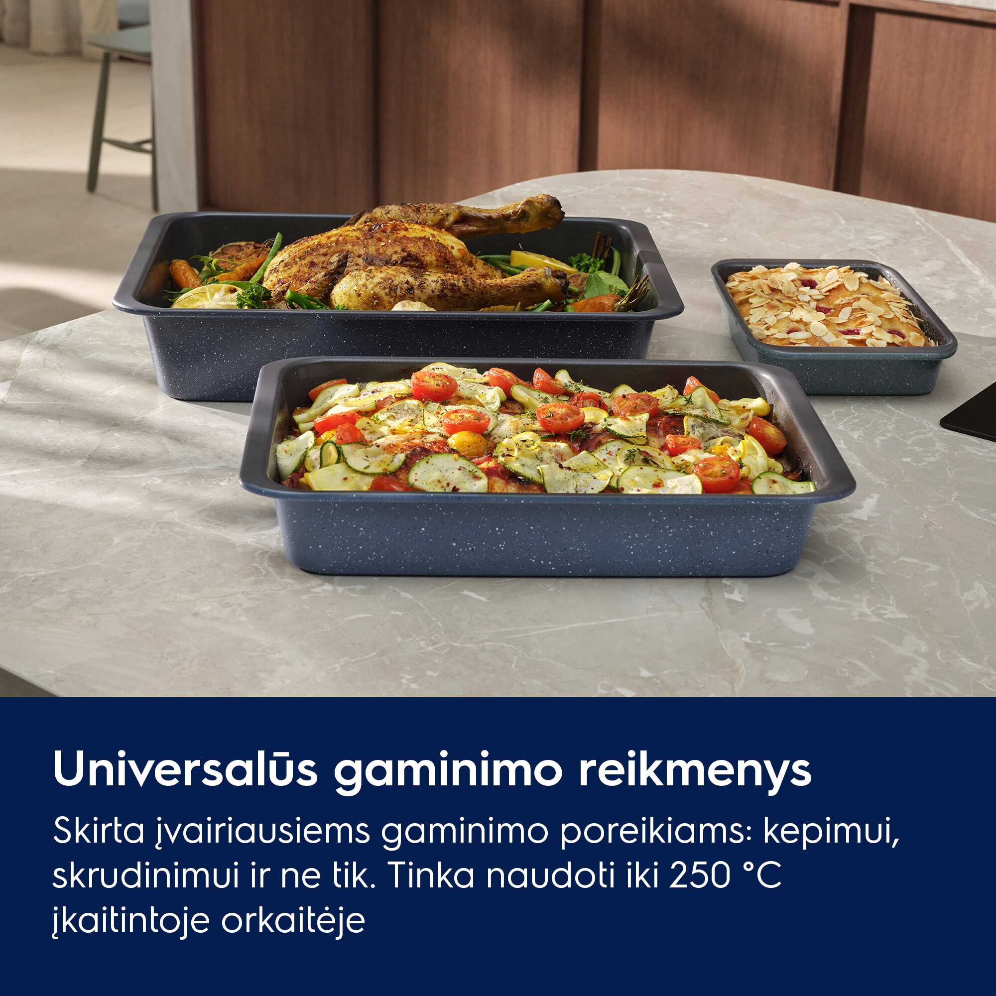 Universalūs gaminimo reikmenys Skirta įvairiausiems gaminimo poreikiams: kepimui, skrudinimui ir ne tik. Tinka naudoti iki 250 °C įkaitintoje orkaitėje
