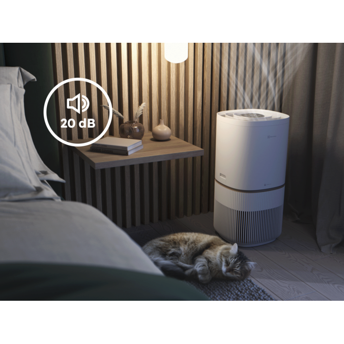 Air purifier providing cleaner air day and night with quiet Sleep Mode down to 20 dB.