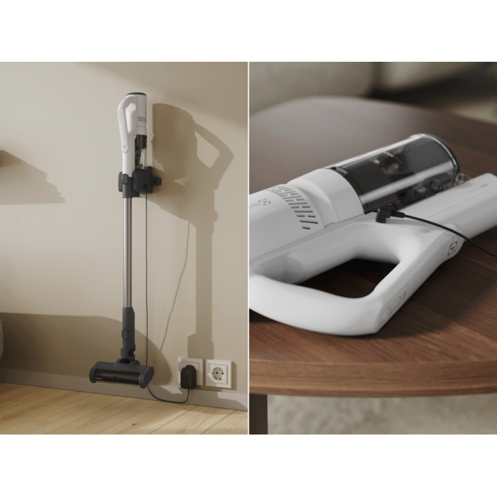Sleek wall-mount with built-in and direct hand unit charging.