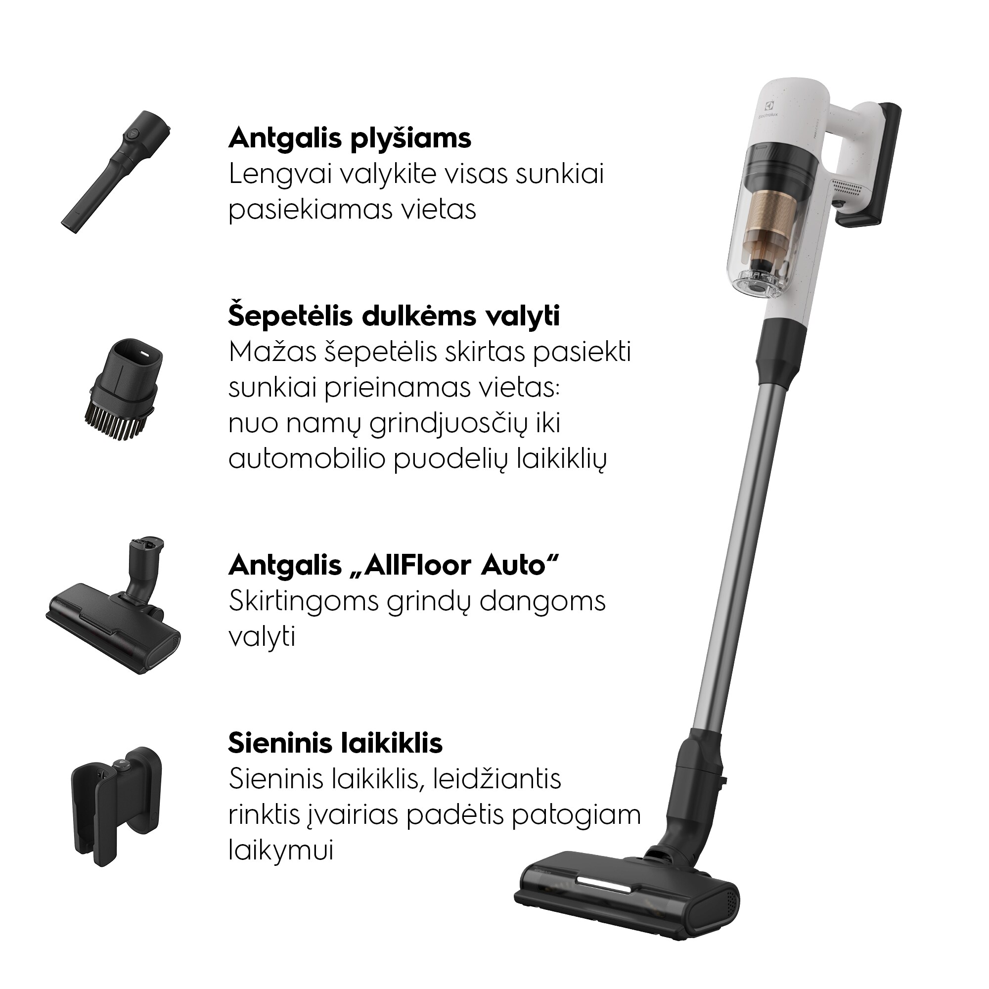 Antgalis plyšiams Lengvai valykite visas sunkiai pasiekiamas vietas  Šepetėlis dulkėms valyti Mažas šepetėlis skirtas pasiekti sunkiai prieinamas vietas: nuo namų grindjuosčių iki automobilio puodelių laikiklių Antgalis „AllFloor Auto“ Skirtingoms grindų dangoms valyti Sieninis laikiklis