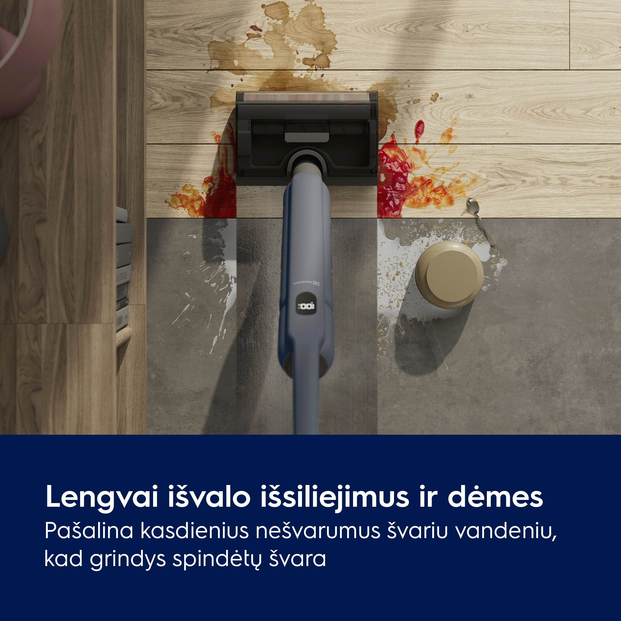 Lengvai išvalo išsiliejimus ir dėmes Pašalina kasdienius nešvarumus švariu vandeniu, kad grindys spindėtų švara