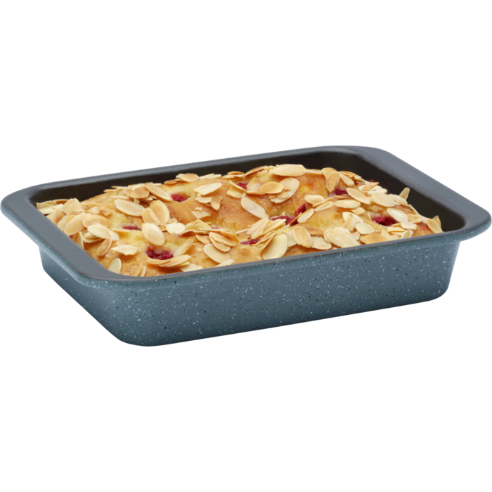 Product in use, a raspberrybrownie and almond flakes