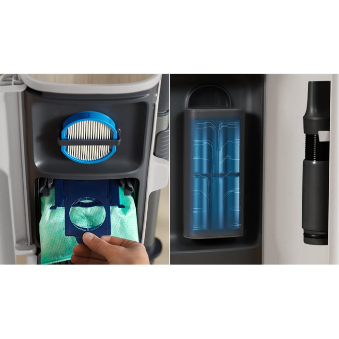 All -in-1 Station - stores extra battery charging, filter and hose for filter cleaning 