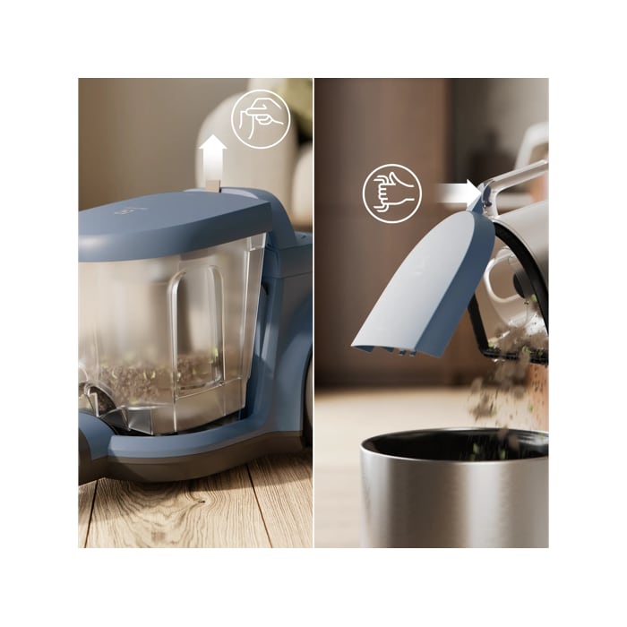Vacuum cleaner with 2L dustbin designed for easy, spill-free emptying.