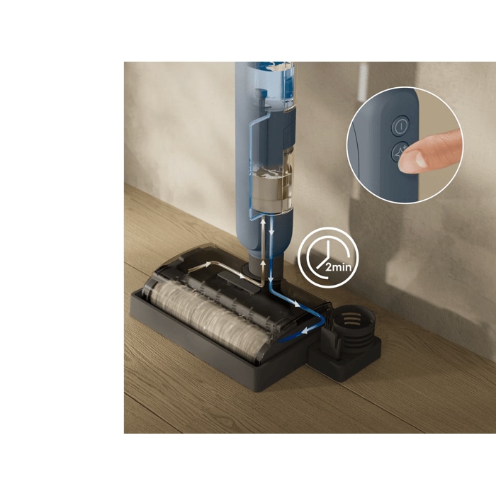 After use, the automatic self-cleaning refreshes the brush roll with clean water in just 2 minutes