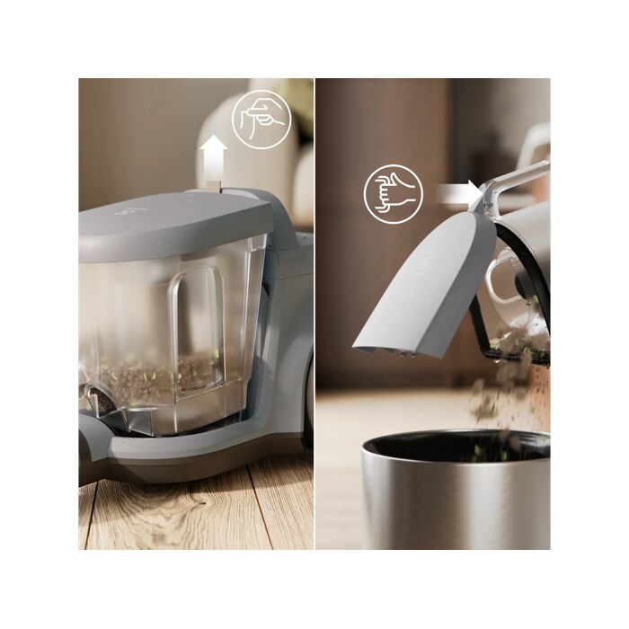 Vacuum cleaner with 2L dustbin designed for easy, spill-free emptying.
