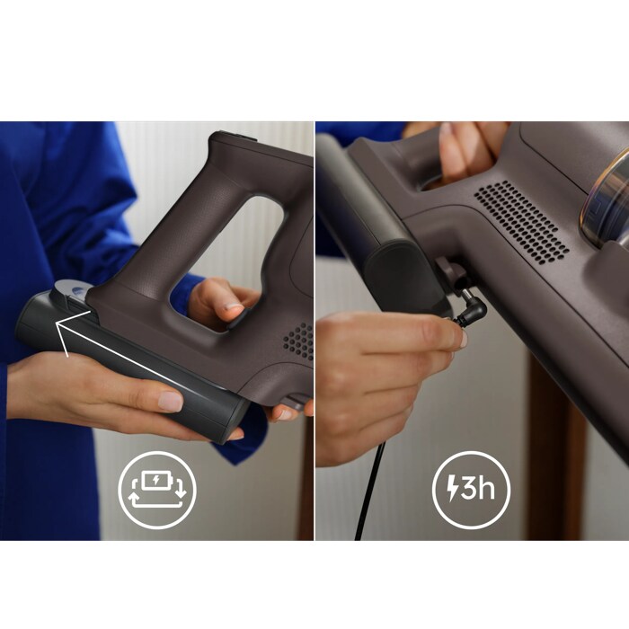 Plug in auto‑stop charging plus a removable battery for flexibility