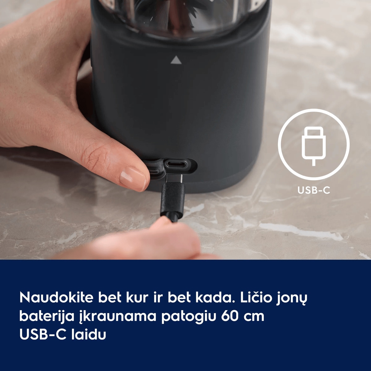 Naudokite bet kur ir bet kada. Ličio jonų baterija įkraunama patogiu 60 cm USB-C laidu