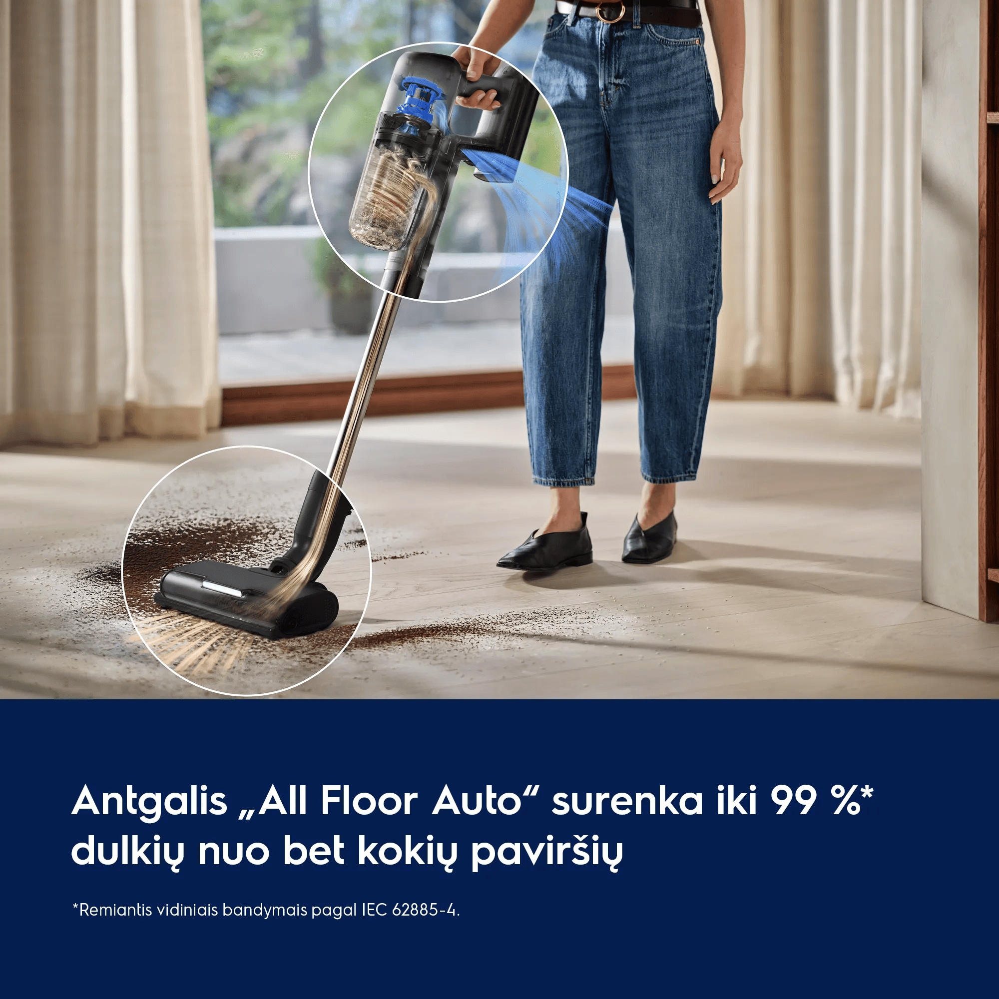 Antgalis „All Floor Auto“ surenka iki 99 %* dulkių nuo bet kokių paviršių  *Remiantis vidiniais bandymais pagal IEC 62885-4.