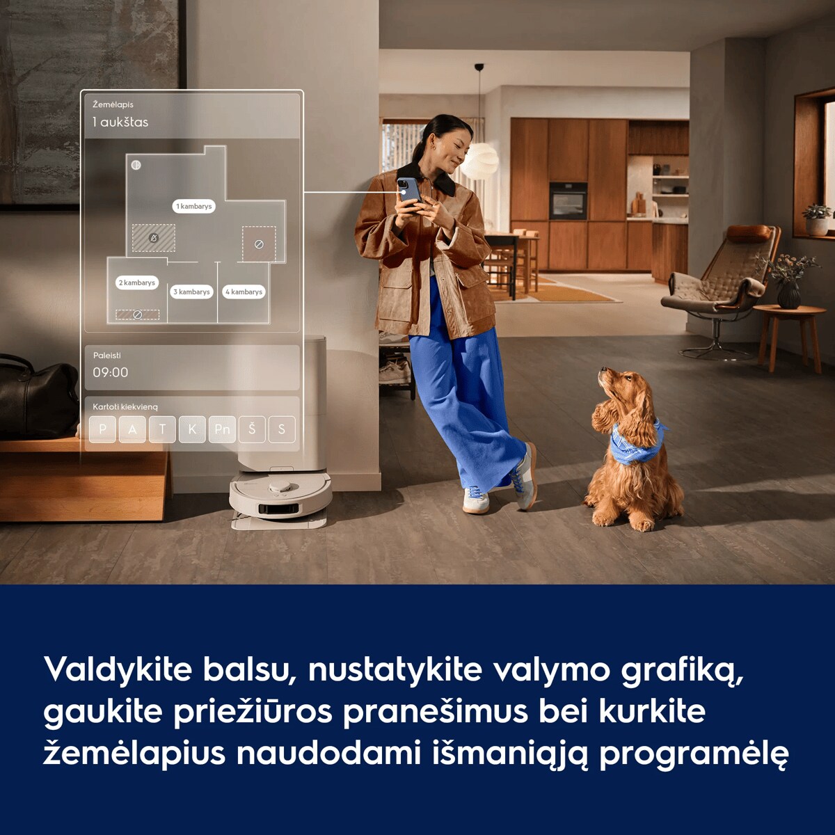 Valdykite balsu, nustatykite valymo grafiką, gaukite priežiūros pranešimus bei kurkite žemėlapius naudodami išmaniąją programėlę