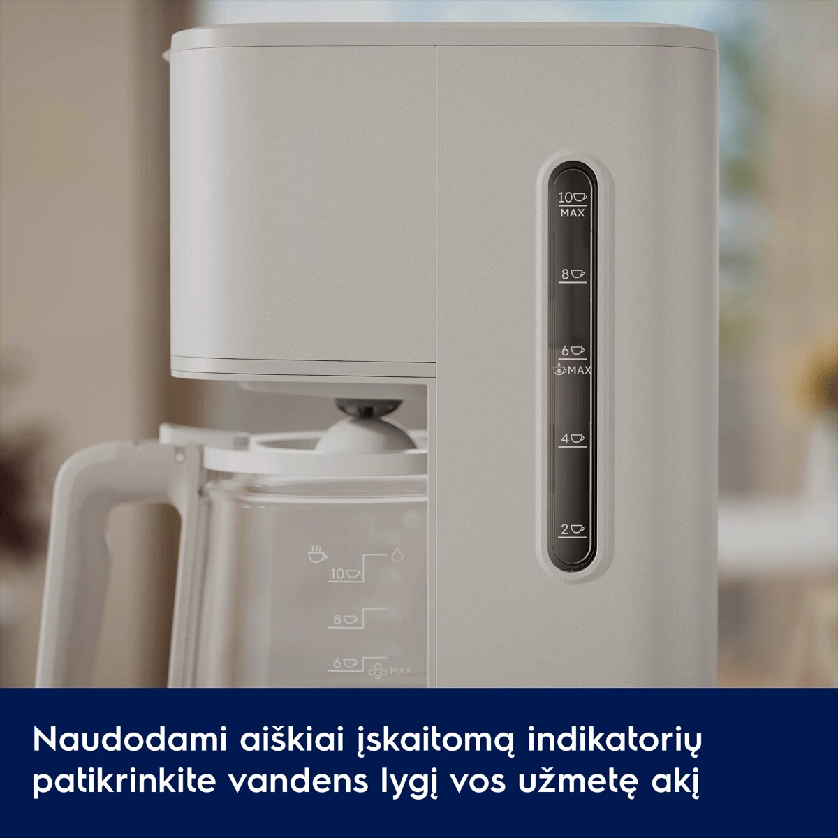 Naudodami aiškiai įskaitomą indikatorių patikrinkite vandens lygį vos užmetę akį