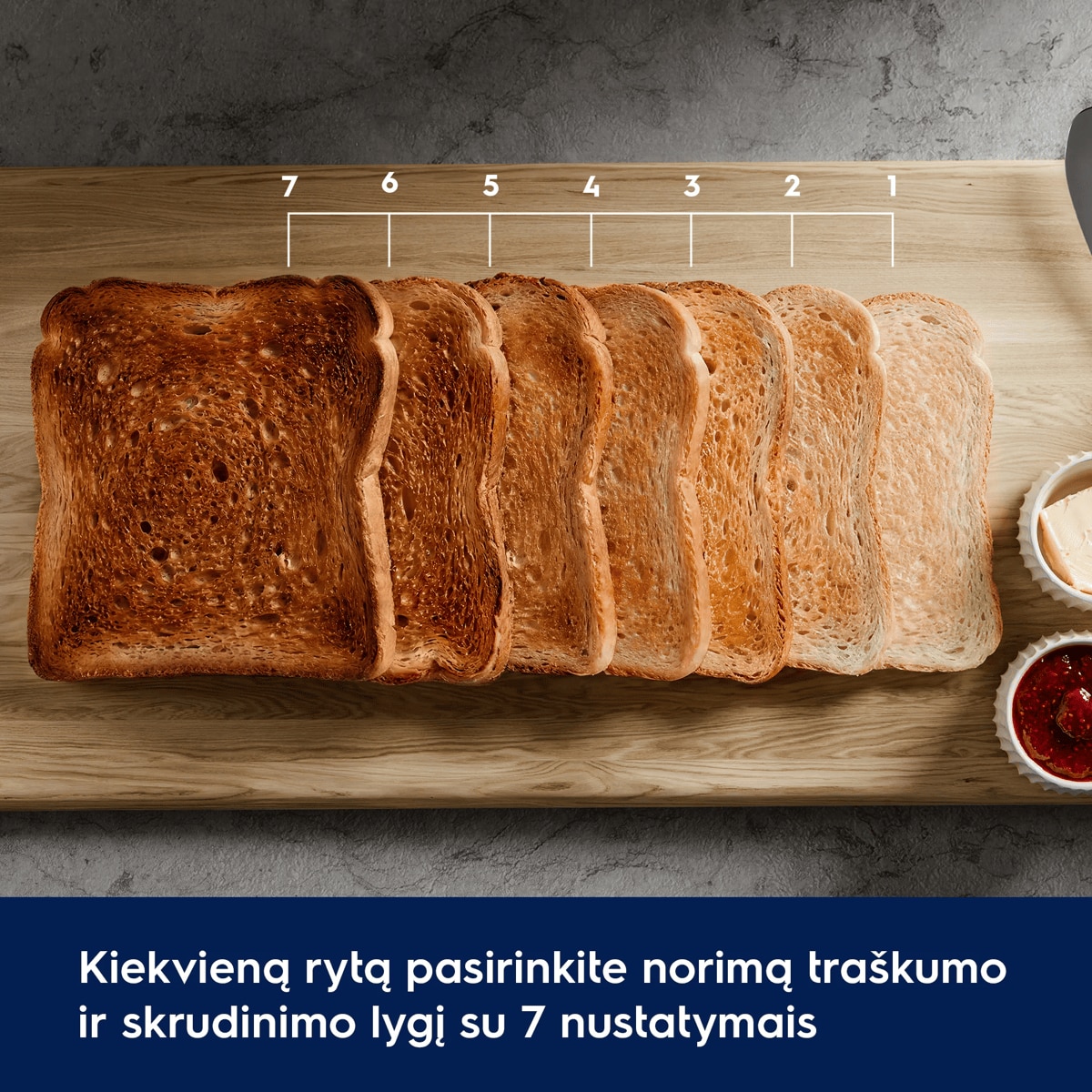 Kiekvieną rytą pasirinkite norimą traškumo ir skrudinimo lygį su 7 nustatymais