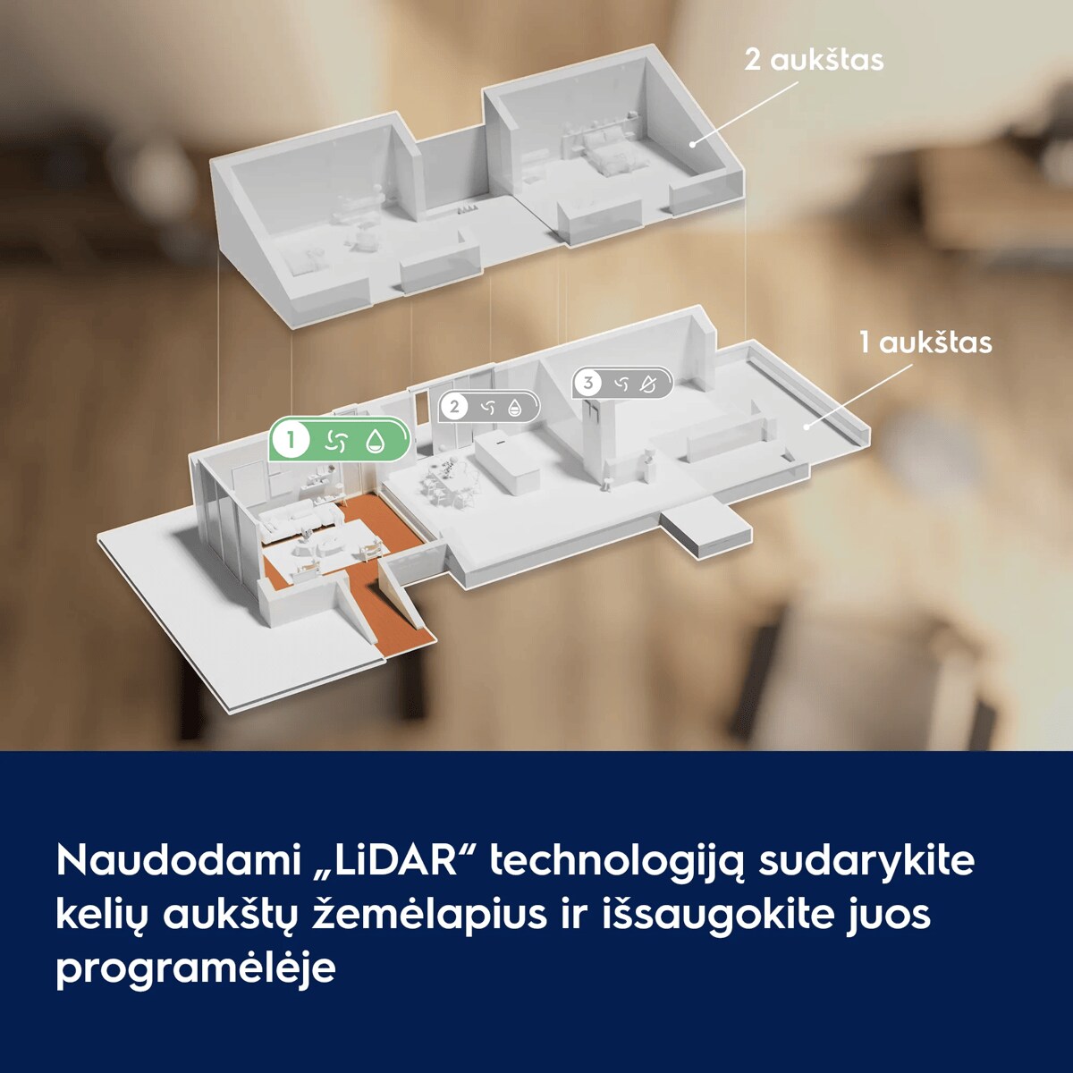 Naudodami „LiDAR“ technologiją sudarykite kelių aukštų žemėlapius ir išsaugokite juos programėlėje      2 aukštas 1 aukštas