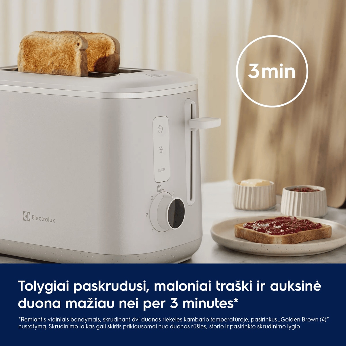 Tolygiai paskrudusi, maloniai traški ir auksinė duona mažiau nei per 3 minutes*      *Remiantis vidiniais bandymais, skrudinant dvi duonos riekeles kambario temperatūroje, pasirinkus „Golden Brown (4)“ nustatymą. Skrudinimo laikas gali skirtis priklausomai nuo duonos rūšies, storio ir pasirinkto skrudinimo lygio