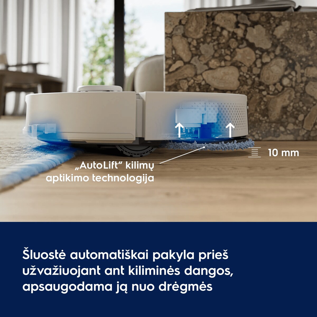 Šluostė automatiškai pakyla prieš užvažiuojant ant kiliminės dangos, apsaugodama ją nuo drėgmės      „AutoLift“ kilimų aptikimo technologija