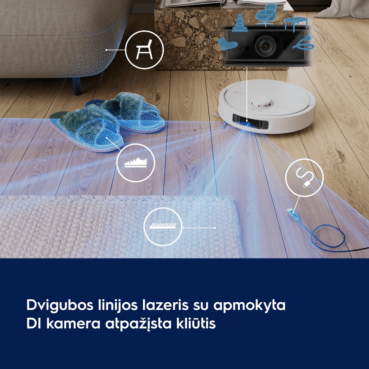 Dvigubos linijos lazeris su apmokyta DI kamera atpažįsta kliūtis
