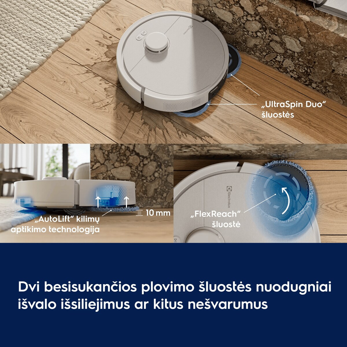 Dvi besisukančios plovimo šluostės nuodugniai išvalo išsiliejimus ar kitus nešvarumus      „UltraSpin Duo“ šluostės „AutoLift“ kilimų aptikimo technologija  „FlexReach“ šluostė