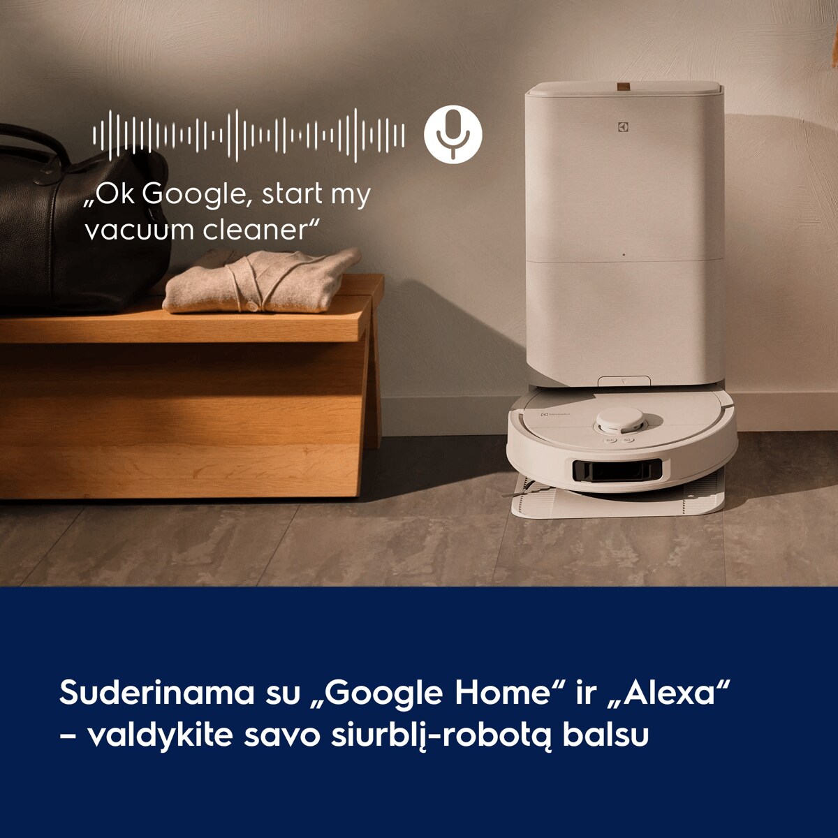 Suderinama su „Google Home“ ir „Alexa“ – valdykite savo siurblį-robotą balsu      „Ok Google, start my vacuum cleaner“