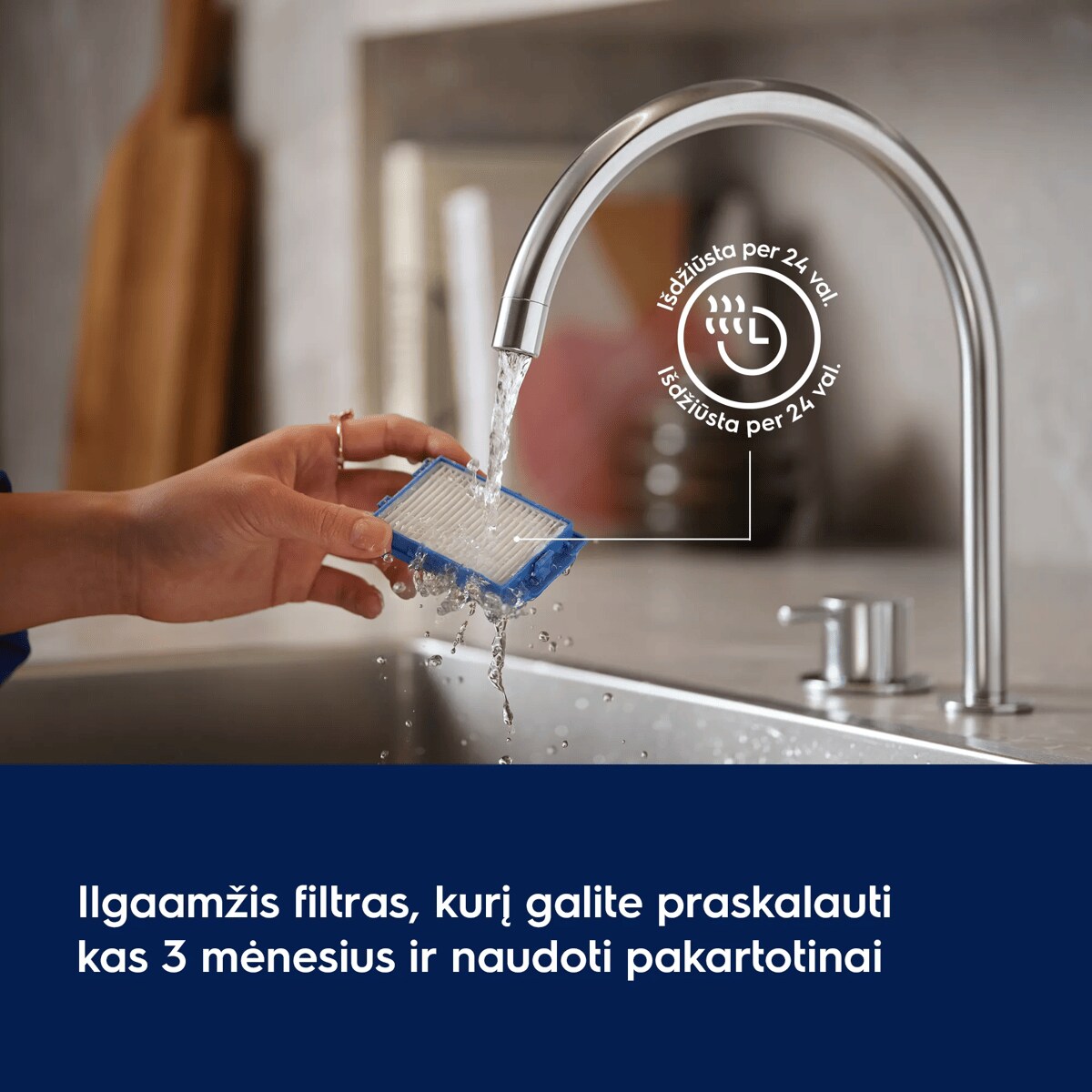 Ilgaamžis filtras, kurį galite praskalauti kas 3 mėnesius ir naudoti pakartotinai      Išdžiūsta per 24 val. Išdžiūsta per 24 val.