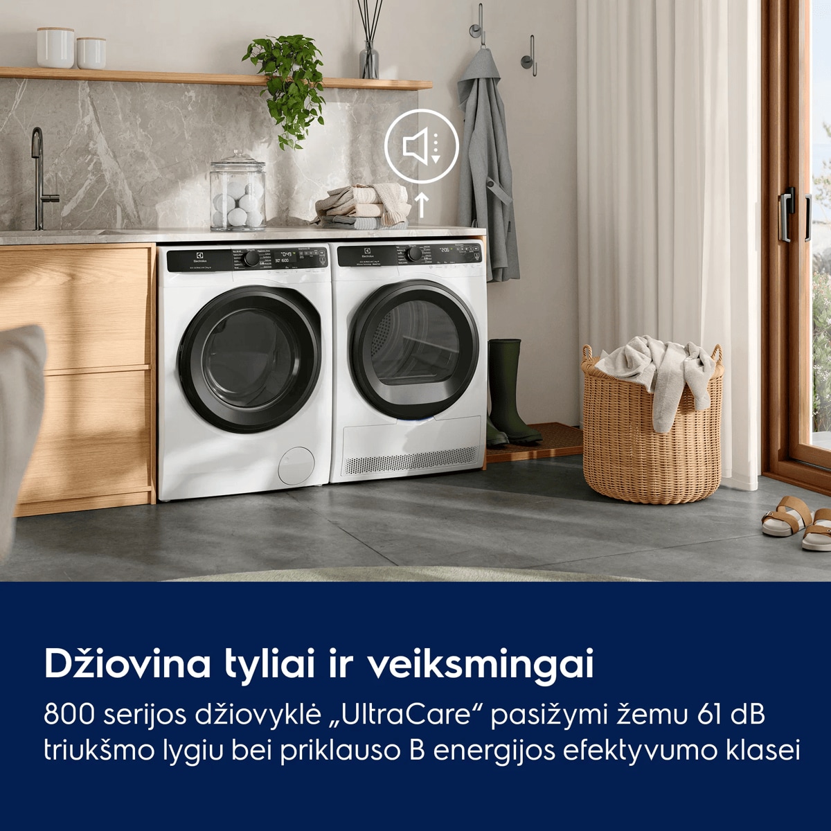   Džiovina tyliai ir veiksmingai .   800 serijos džiovyklė „UltraCare“ pasižymi žemu 61 dB triukšmo lygiu bei priklauso B energijos efektyvumo klasei  