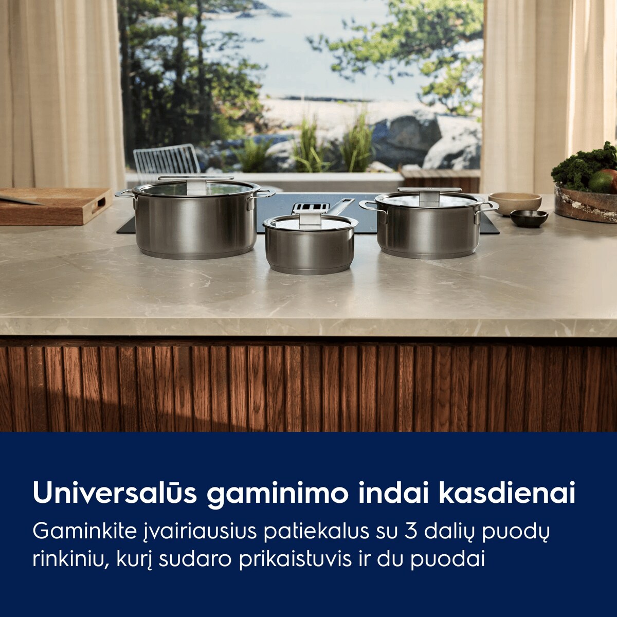 Universalūs gaminimo indai kasdienai Gaminkite įvairiausius patiekalus su 3 dalių puodų rinkiniu, kurį sudaro prikaistuvis ir du puodai