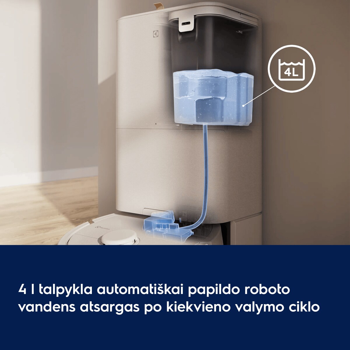 4 l talpykla automatiškai papildo roboto vandens atsargas po kiekvieno valymo ciklo