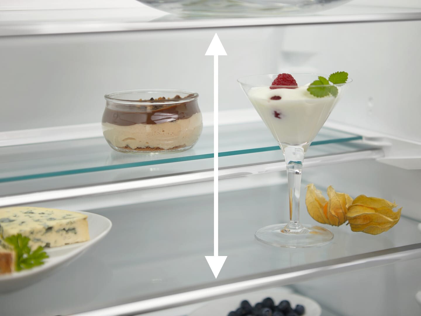 desserts and cheese in refrigerator
