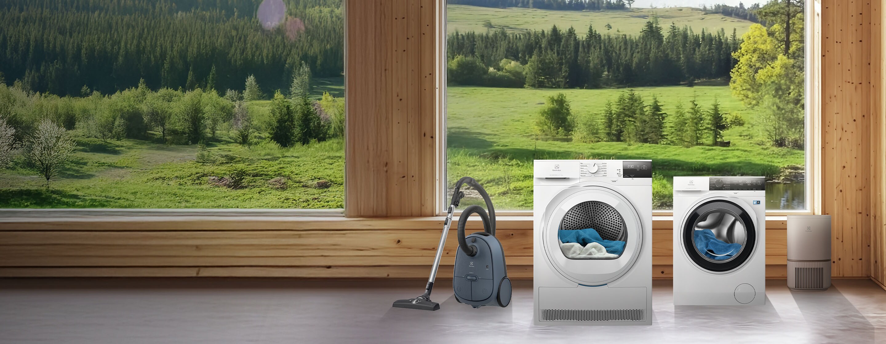 Electrolux buitiniai prietaisai, pievų ir medžių fone