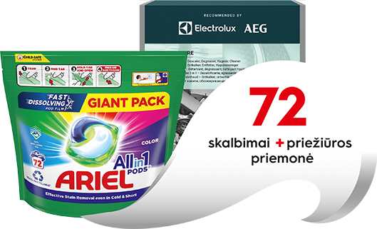 Ariel „All-in-1 Pods Color“ „Giant Pack“ skalbimo kapsulių pakuotė su ryškiu dizainu ir išryškinta informacija, kad produkto pakanka 72 skalbimams.