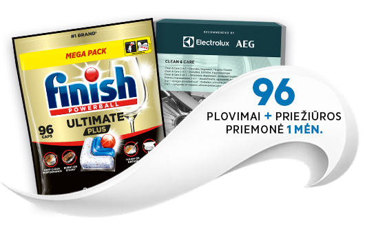Dovana: „Finish Ultimate Plus“ indaplovių kapsulės ir „Clean&Care 3in1“ indaplovių priežiūros priemonė